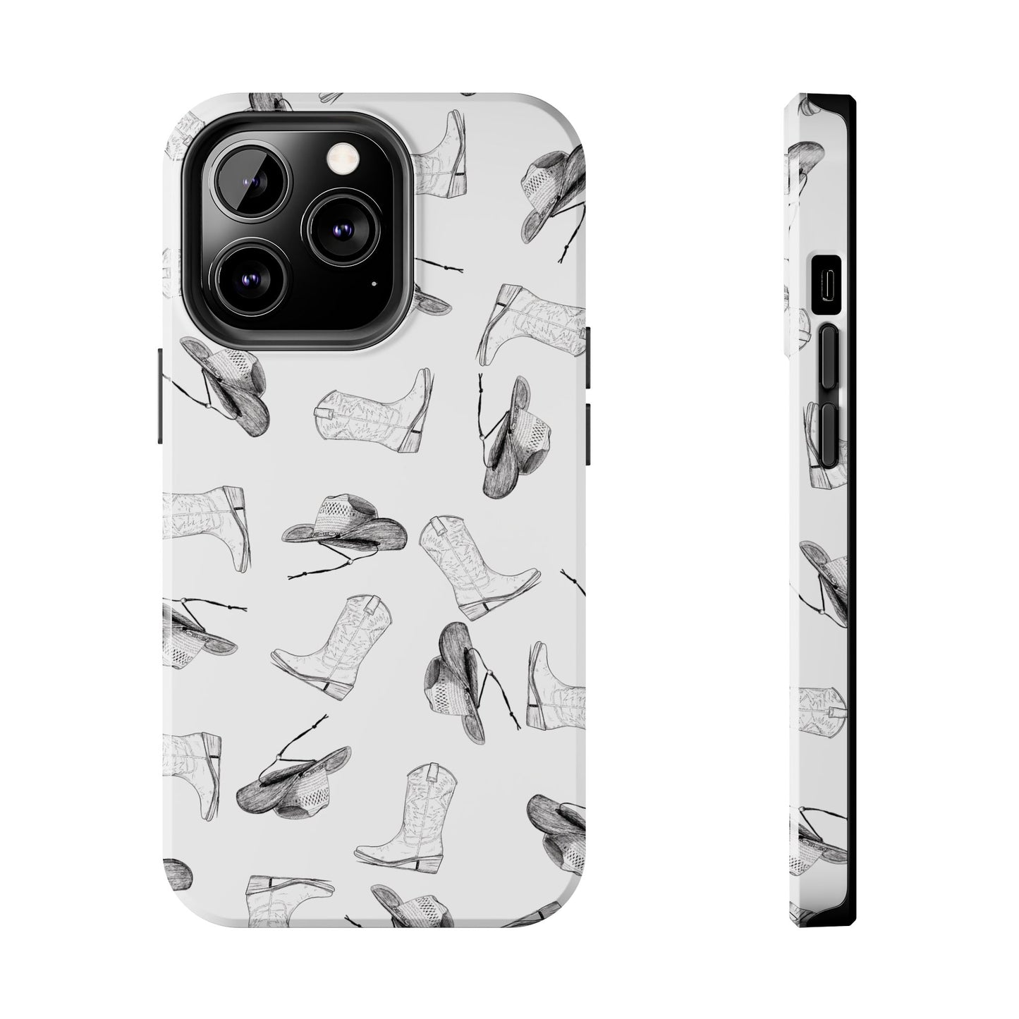 The Homestead cowgirl pattern Phone Case featuring illustrated cowgirl hat and boots by Kempain iPhone 13 Pro.