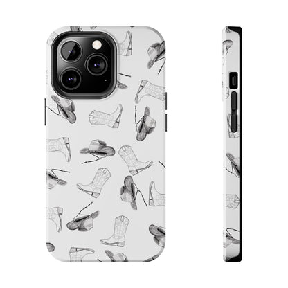 The Homestead cowgirl pattern Phone Case featuring illustrated cowgirl hat and boots by Kempain iPhone 13 Pro.