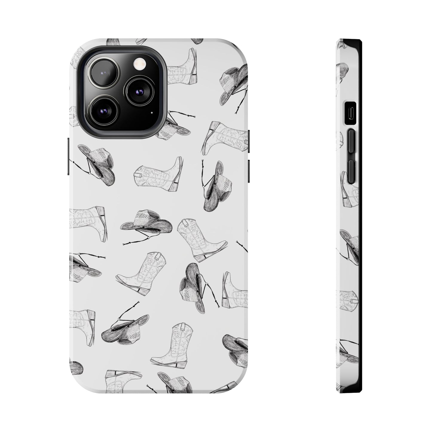 The Homestead cowgirl pattern Phone Case featuring illustrated cowgirl hat and boots by Kempain iPhone 13 Pro Max.
