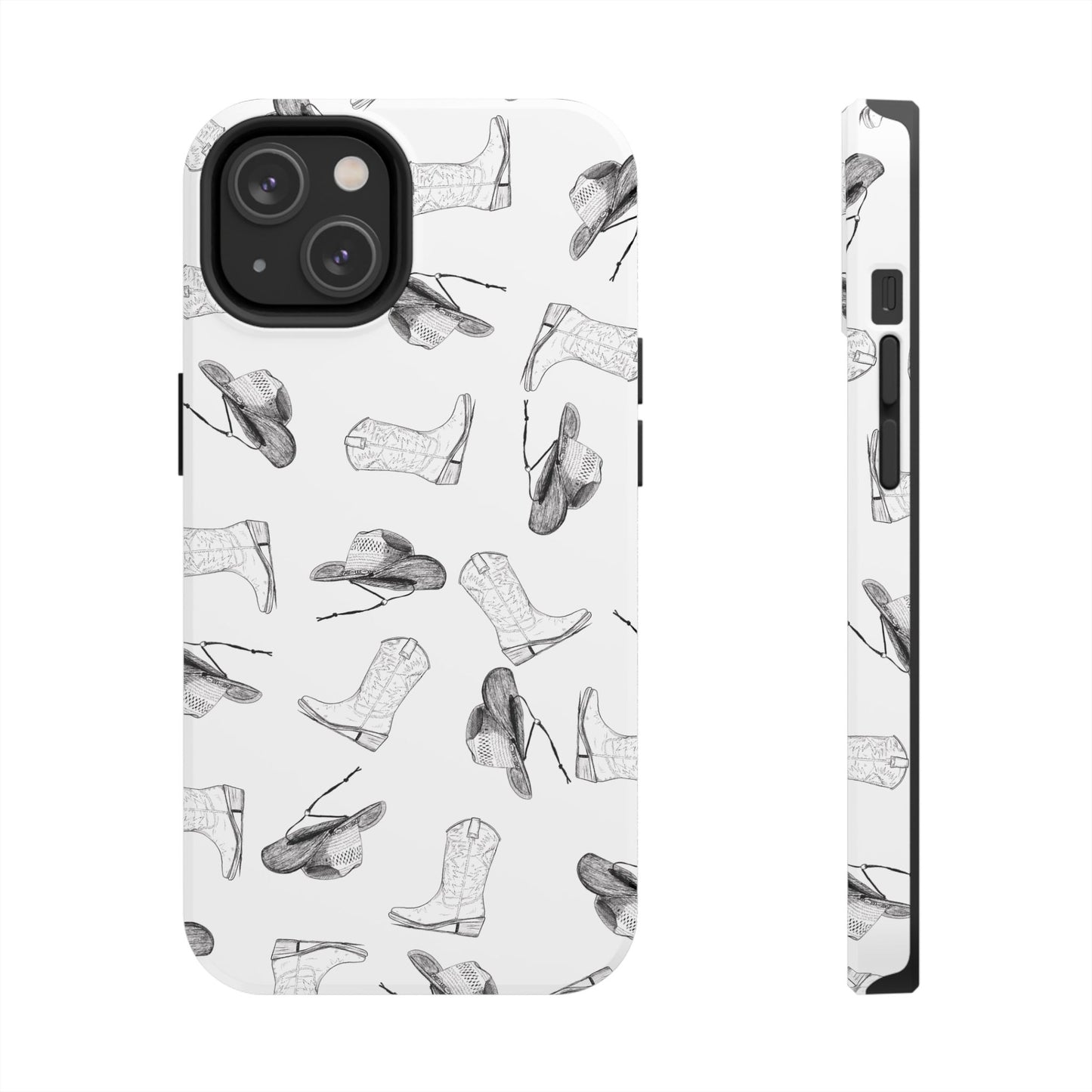 The Homestead cowgirl pattern Phone Case featuring illustrated cowgirl hat and boots by Kempain iPhone 14.
