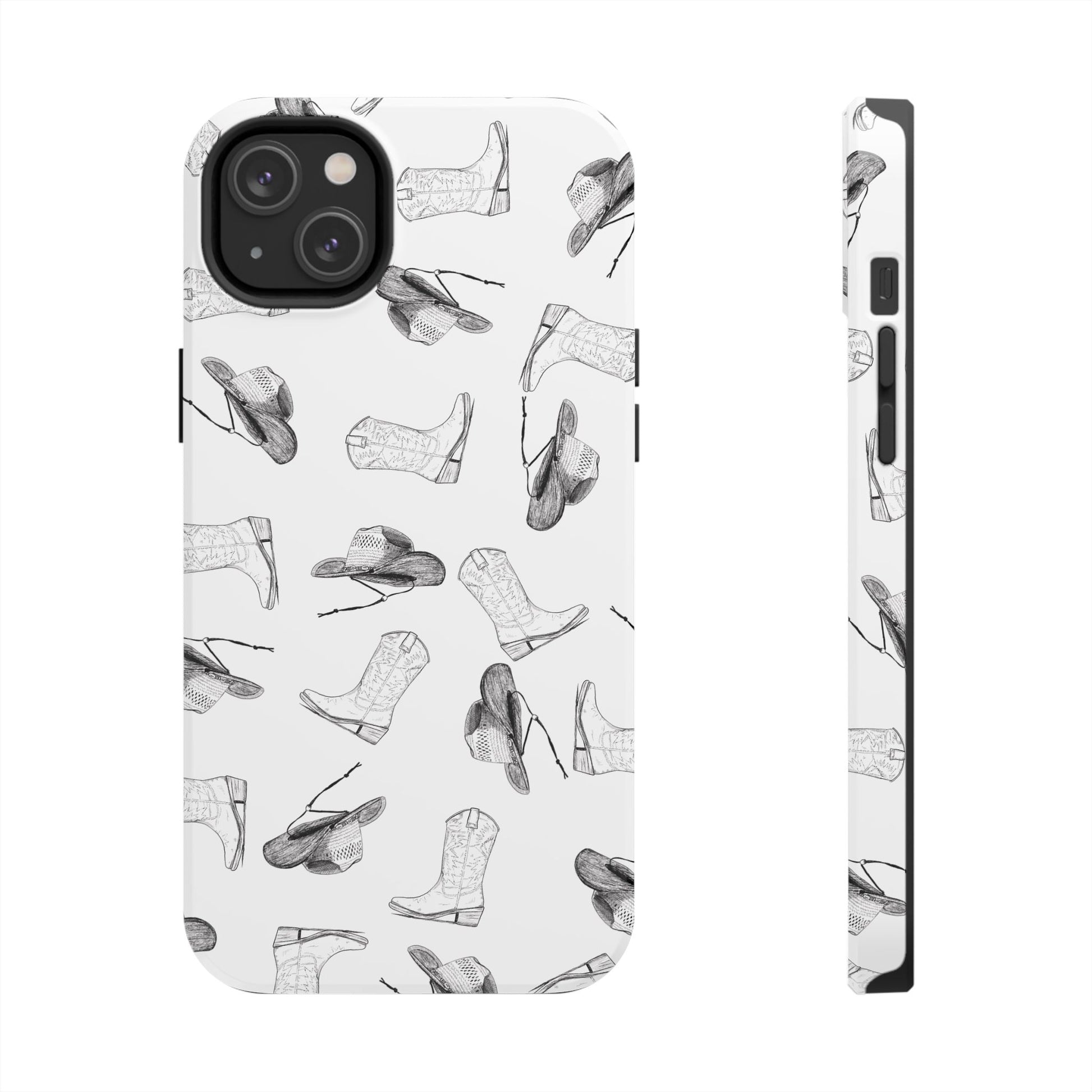 The Homestead cowgirl pattern Phone Case featuring illustrated cowgirl hat and boots by Kempain iPhone 14 Plus.