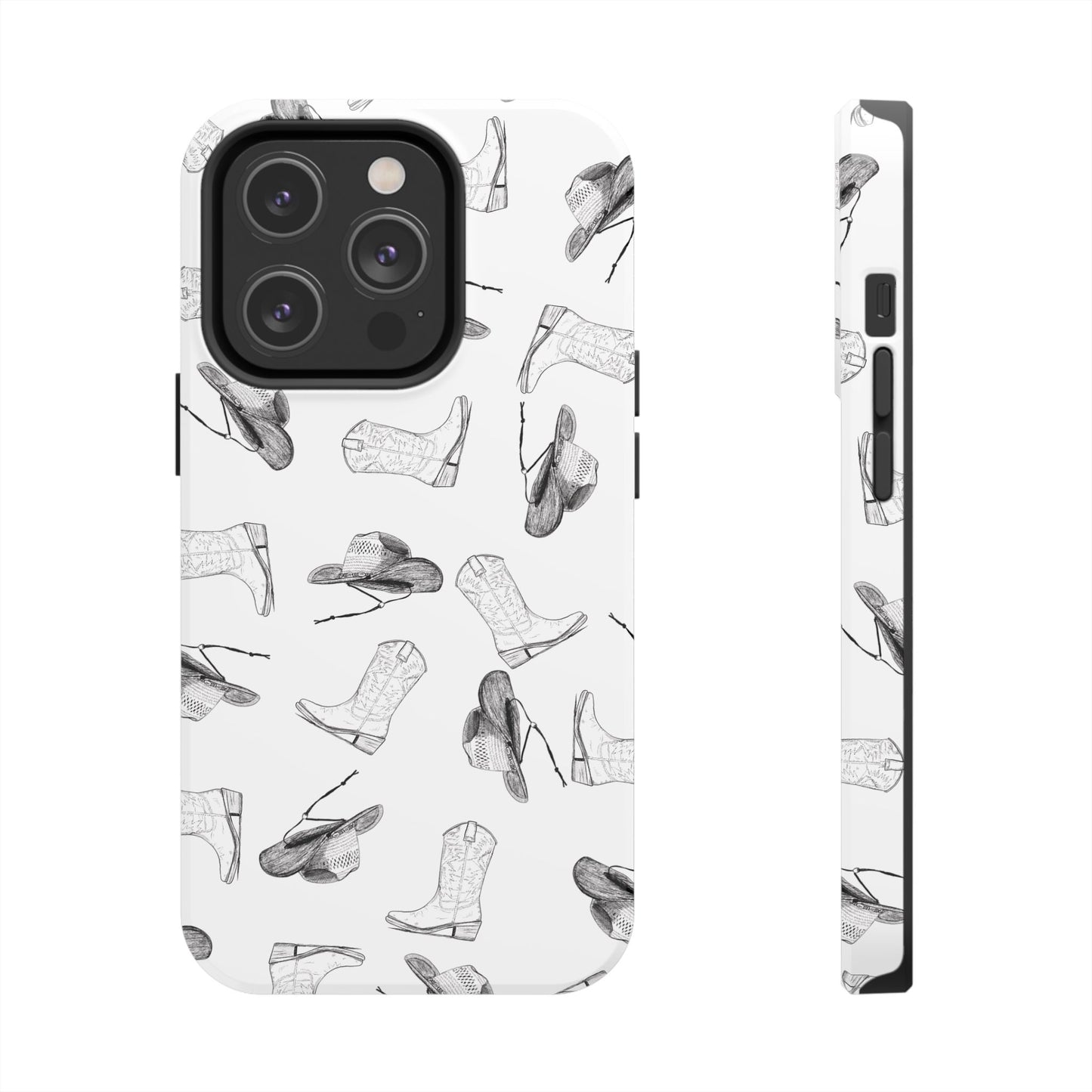 The Homestead cowgirl pattern Phone Case featuring illustrated cowgirl hat and boots by Kempain iPhone 14 Pro.