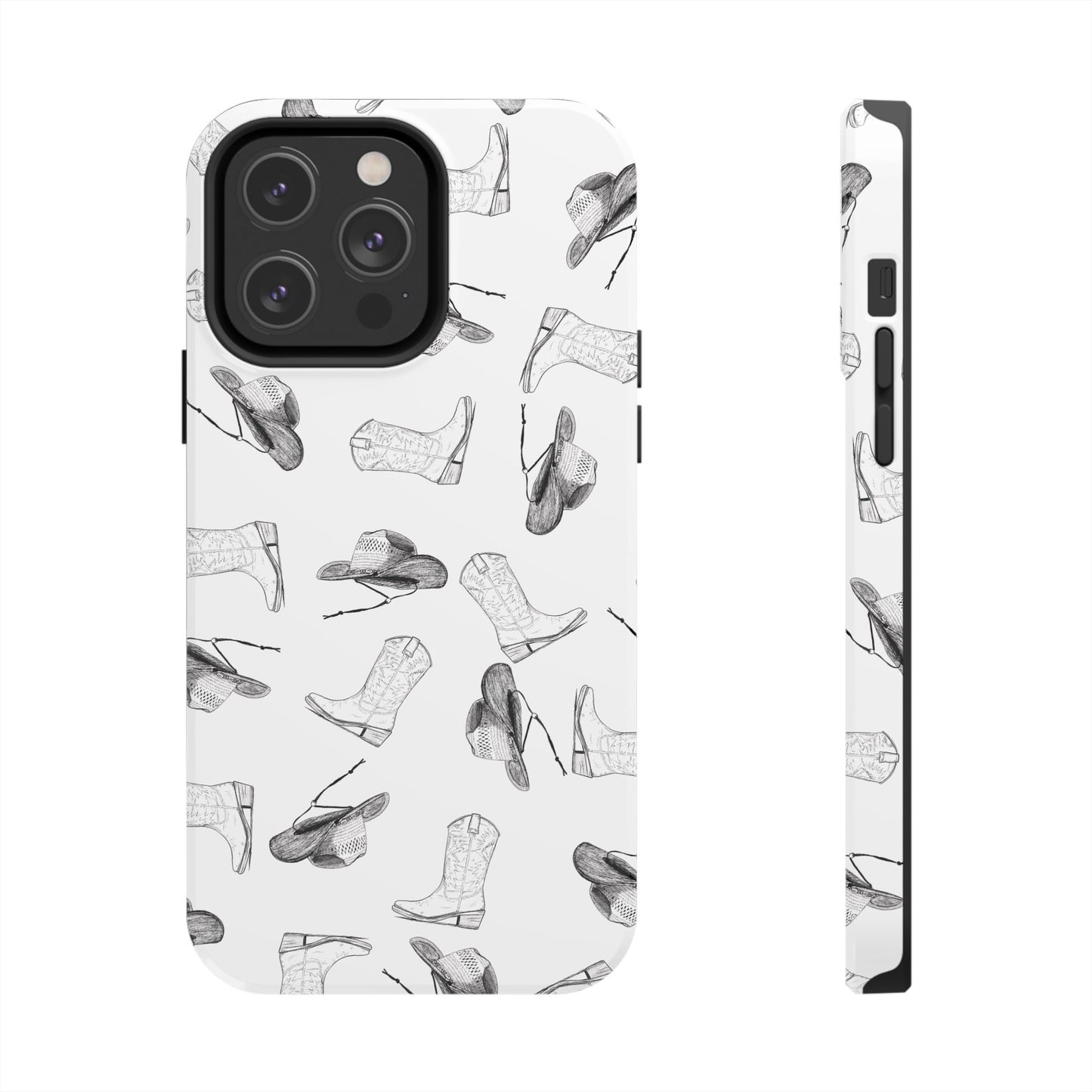 The Homestead cowgirl pattern Phone Case featuring illustrated cowgirl hat and boots by Kempain iPhone 14 Pro Max.