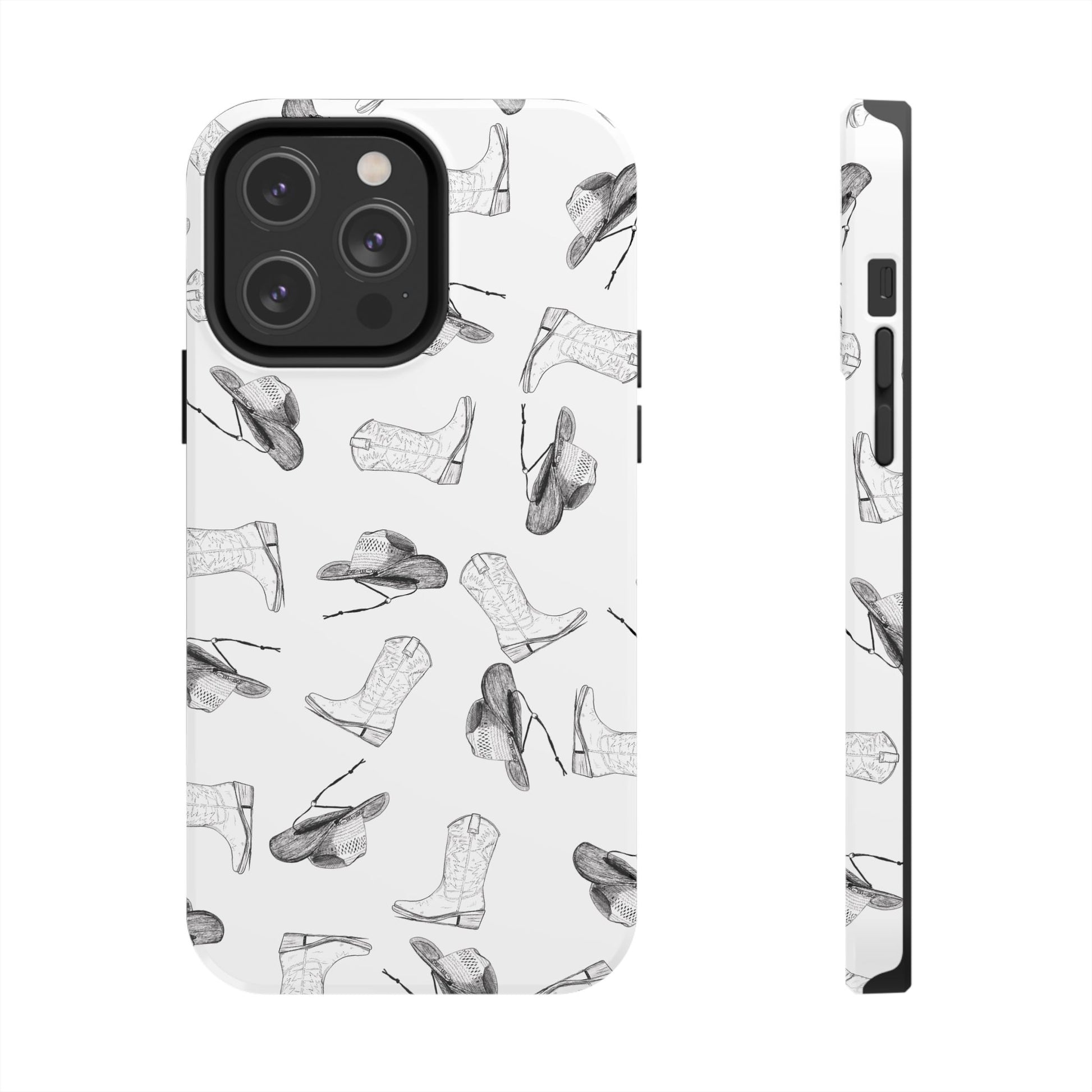 The Homestead cowgirl pattern Phone Case featuring illustrated cowgirl hat and boots by Kempain iPhone 14 Pro Max.