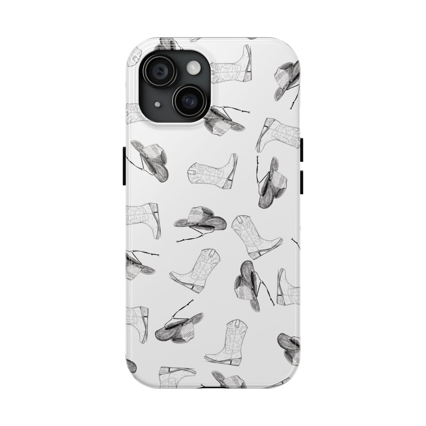 The Homestead cowgirl pattern Phone Case featuring illustrated cowgirl hat and boots by Kempain iPhone 15.