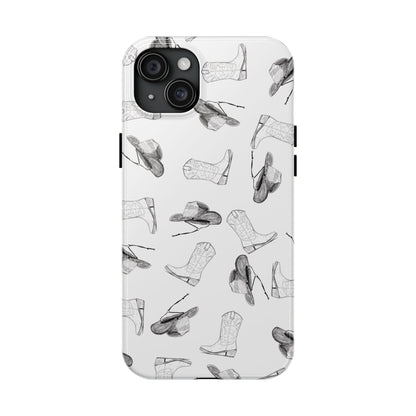 The Homestead cowgirl pattern Phone Case featuring illustrated cowgirl hat and boots by Kempain iPhone 15 Plus.