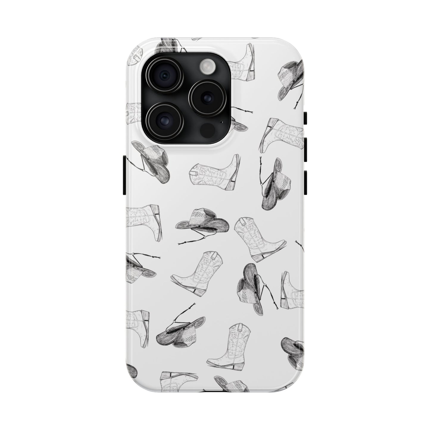 The Homestead cowgirl pattern Phone Case featuring illustrated cowgirl hat and boots by Kempain iPhone 15 Pro.