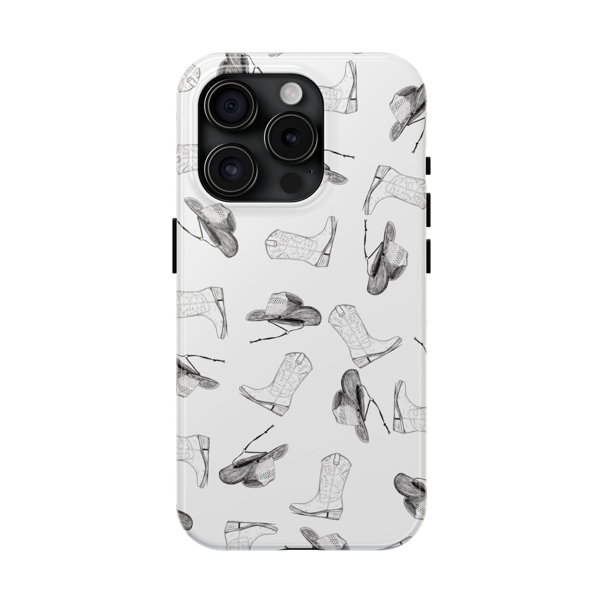 The Homestead cowgirl pattern Phone Case featuring illustrated cowgirl hat and boots by Kempain iPhone 15 Pro.