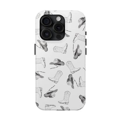 The Homestead cowgirl pattern Phone Case featuring illustrated cowgirl hat and boots by Kempain iPhone 15 Pro.