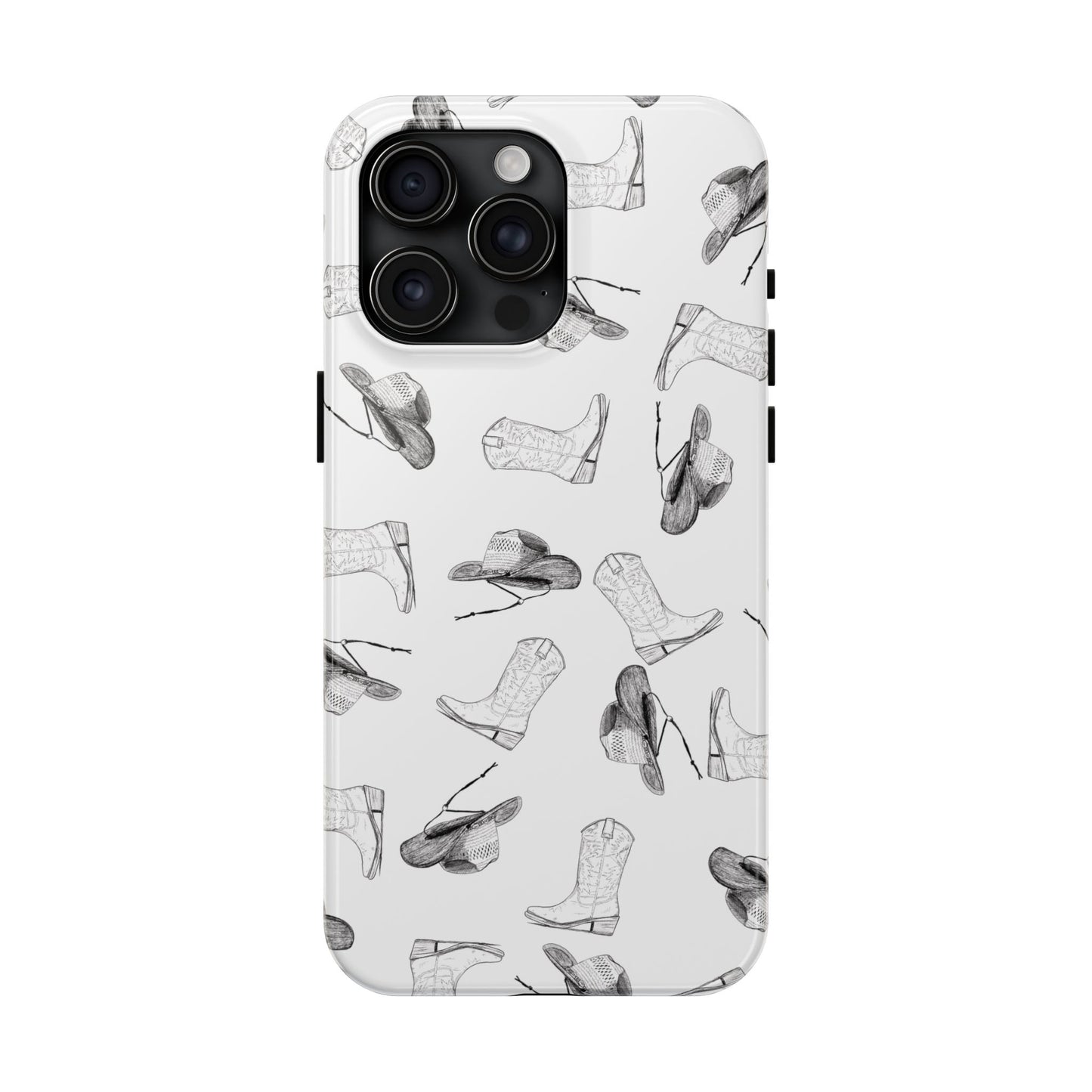 The Homestead cowgirl pattern Phone Case featuring illustrated cowgirl hat and boots by Kempain iPhone 15 Pro Max.