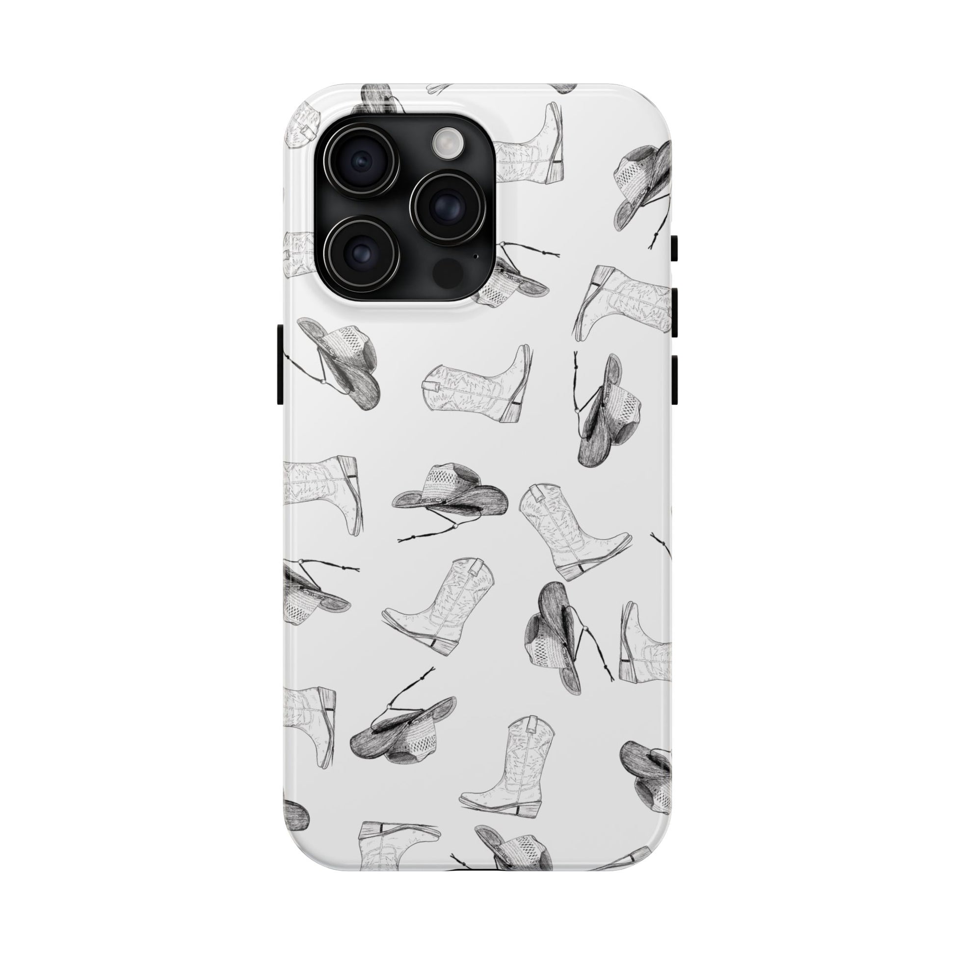 The Homestead cowgirl pattern Phone Case featuring illustrated cowgirl hat and boots by Kempain iPhone 15 Pro Max.