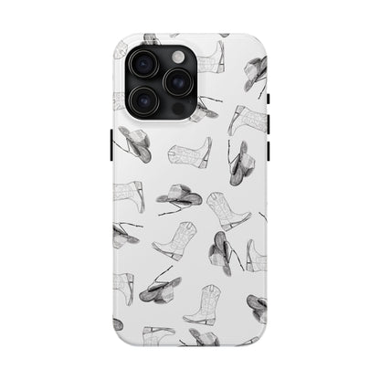 The Homestead cowgirl pattern Phone Case featuring illustrated cowgirl hat and boots by Kempain iPhone 15 Pro Max.