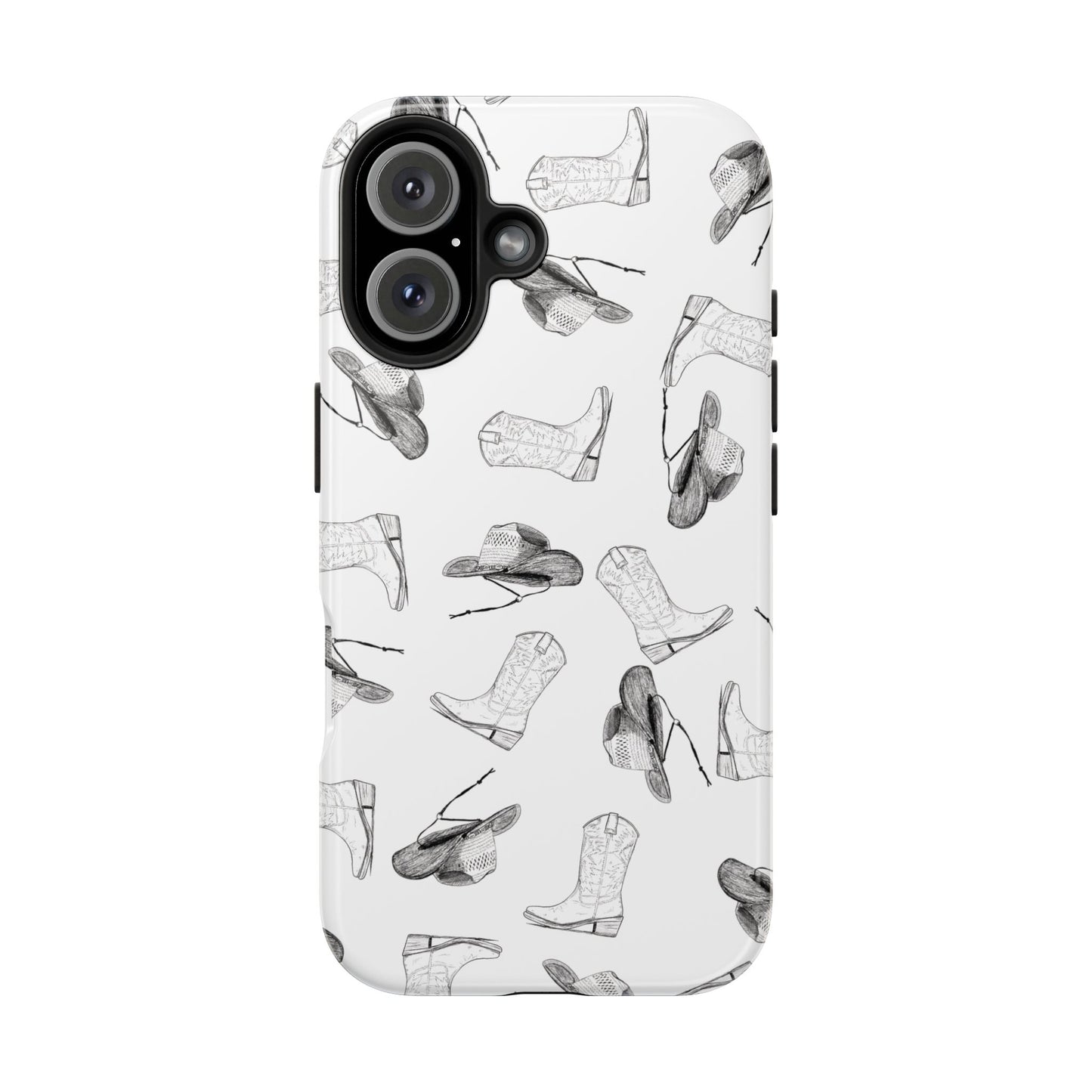 The Homestead cowgirl pattern Phone Case featuring illustrated cowgirl hat and boots by Kempain iPhone 16.