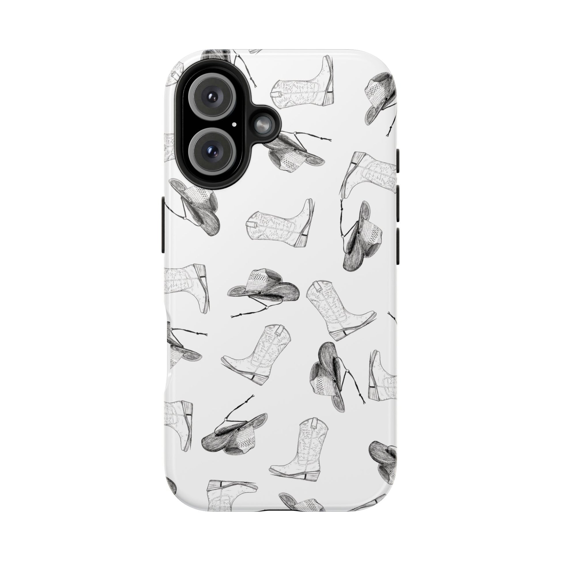 The Homestead cowgirl pattern Phone Case featuring illustrated cowgirl hat and boots by Kempain iPhone 16.