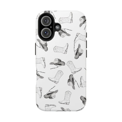 The Homestead cowgirl pattern Phone Case featuring illustrated cowgirl hat and boots by Kempain iPhone 16.