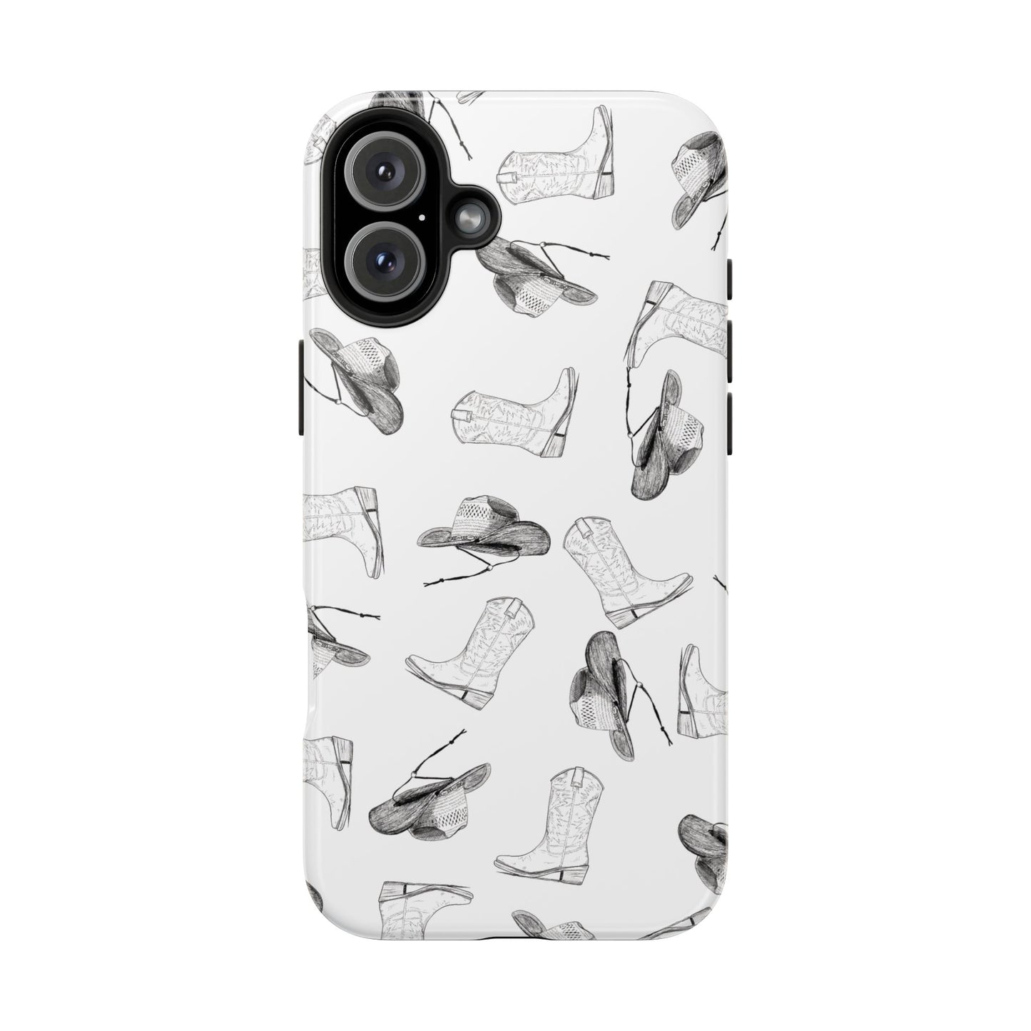 The Homestead cowgirl pattern Phone Case featuring illustrated cowgirl hat and boots by Kempain iPhone 16 Plus.