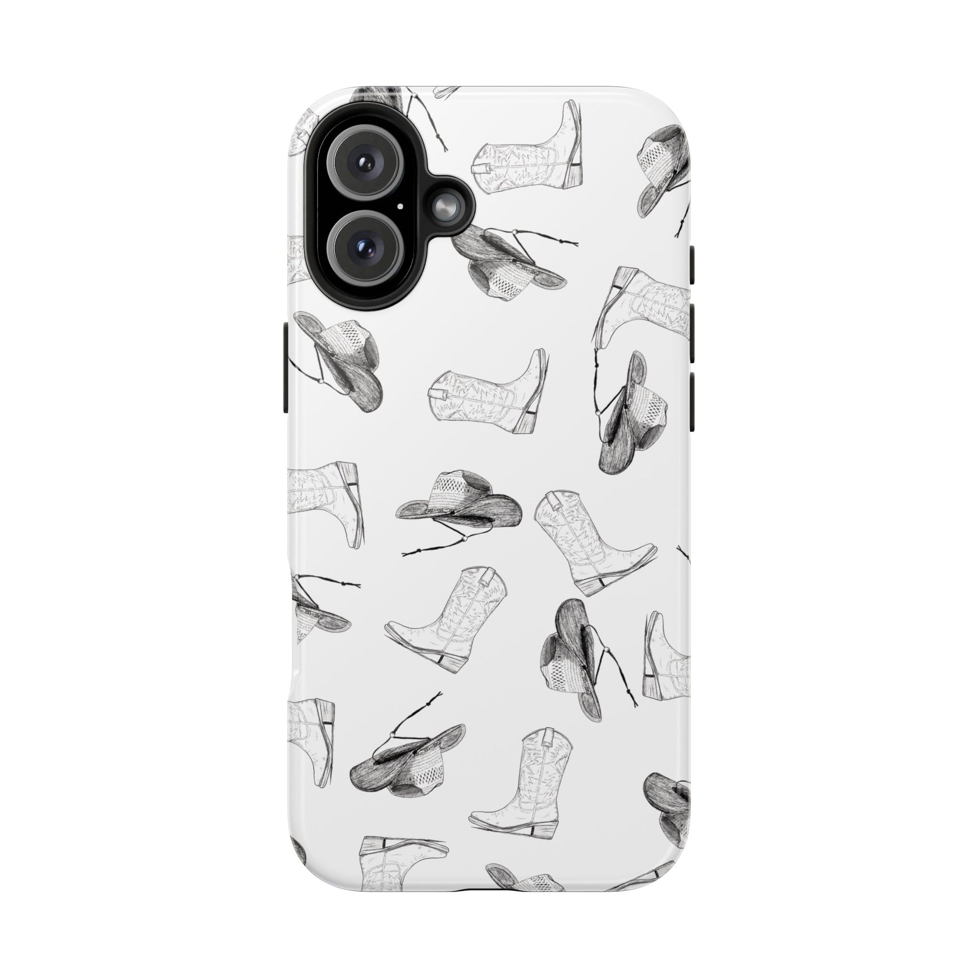 The Homestead cowgirl pattern Phone Case featuring illustrated cowgirl hat and boots by Kempain iPhone 16 Plus.