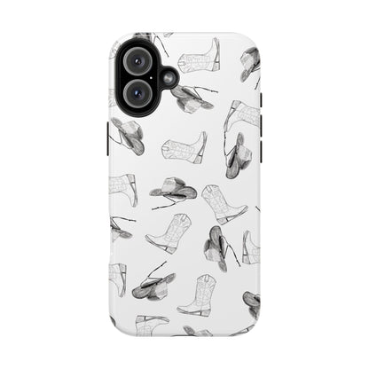 The Homestead cowgirl pattern Phone Case featuring illustrated cowgirl hat and boots by Kempain iPhone 16 Plus.