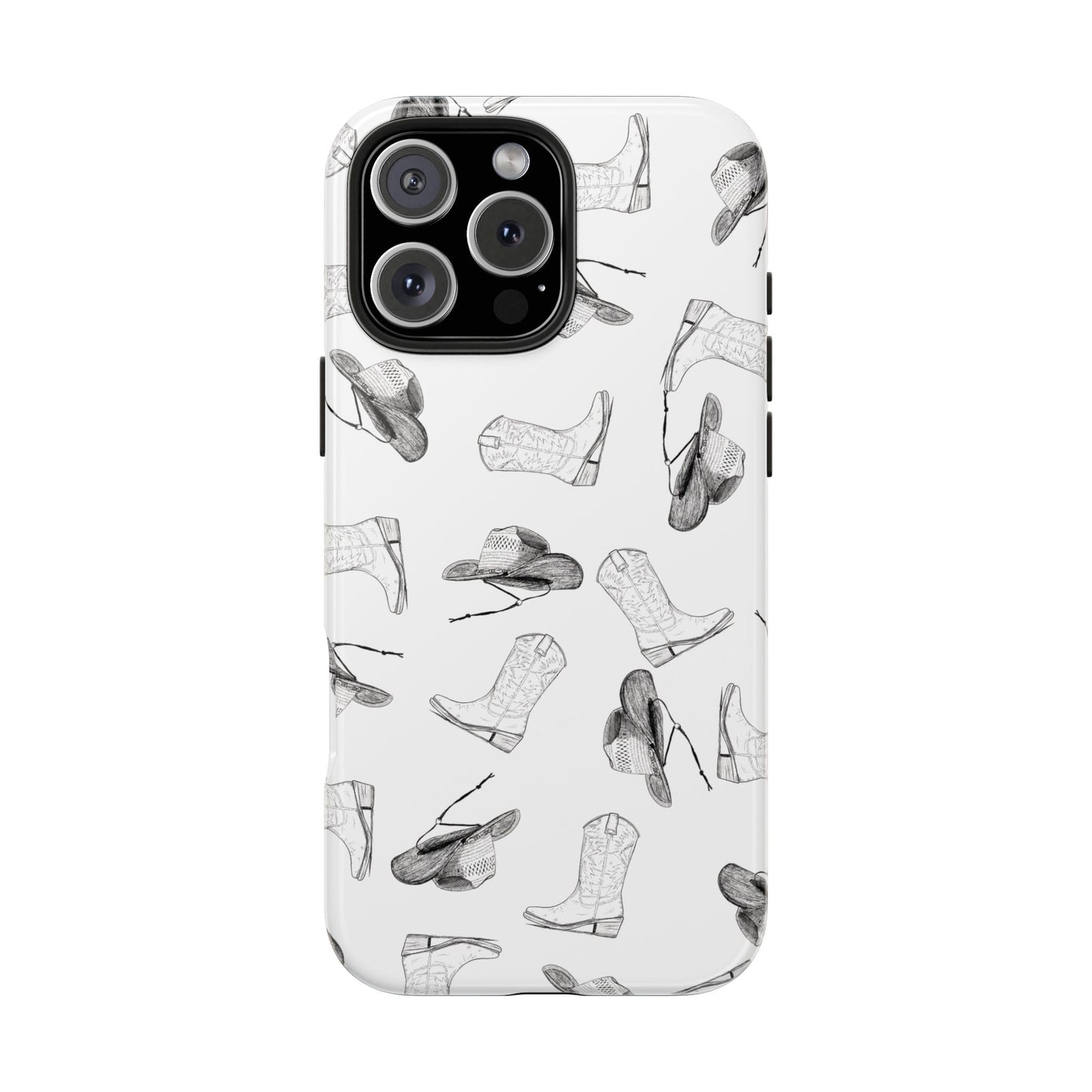 The Homestead cowgirl pattern Phone Case featuring illustrated cowgirl hat and boots by Kempain iPhone 16 Pro Max.