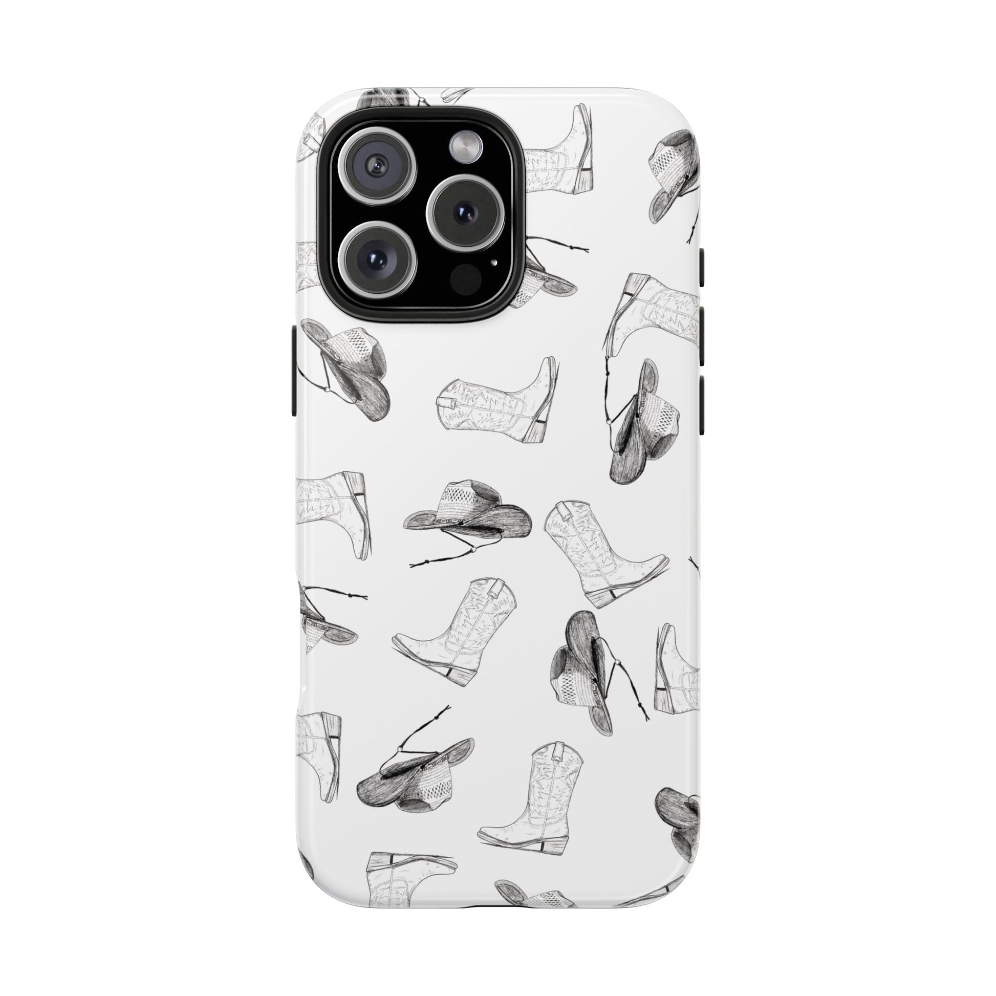 The Homestead cowgirl pattern Phone Case featuring illustrated cowgirl hat and boots by Kempain iPhone 16 Pro Max.