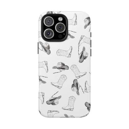 The Homestead cowgirl pattern Phone Case featuring illustrated cowgirl hat and boots by Kempain iPhone 16 Pro Max.