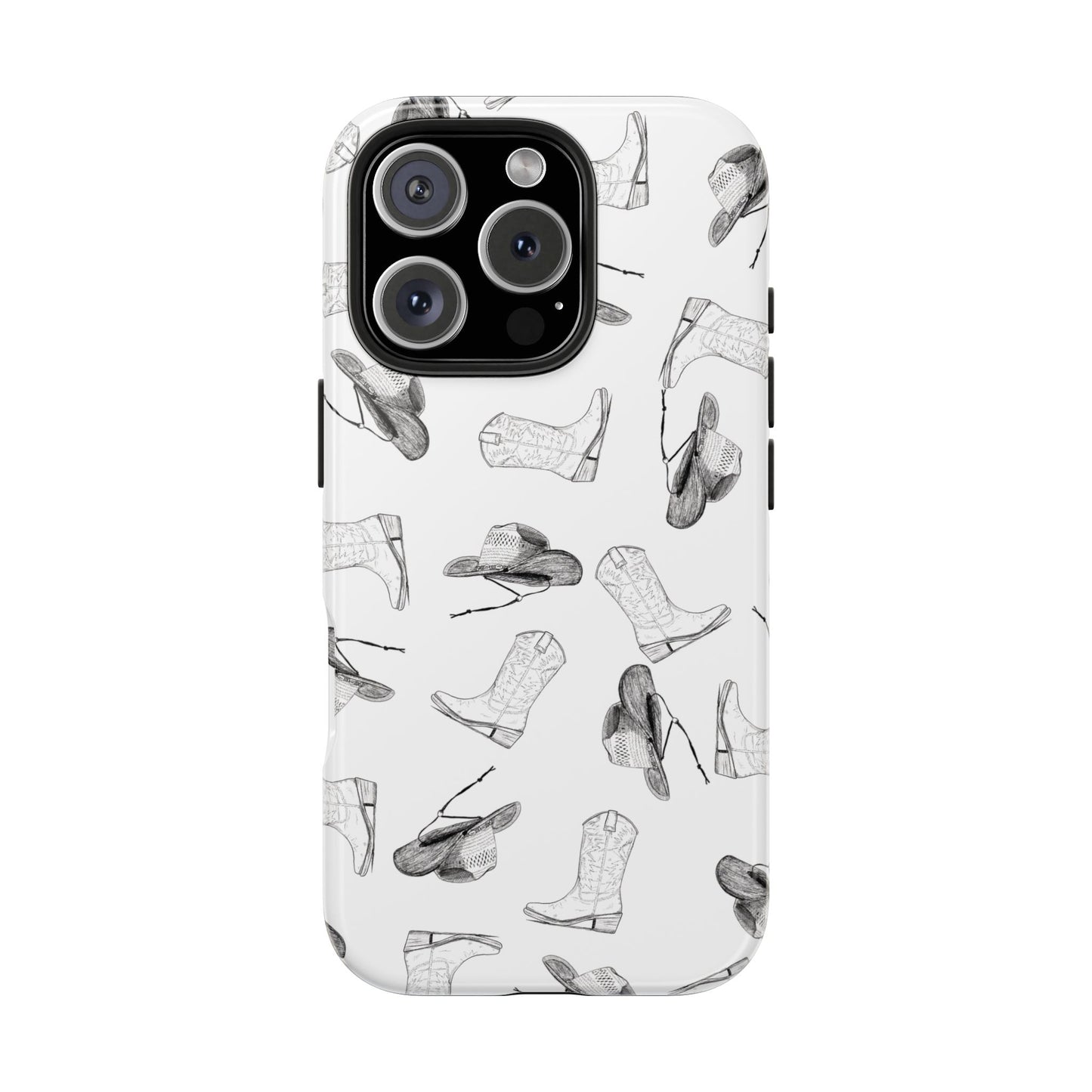 The Homestead cowgirl pattern Phone Case featuring illustrated cowgirl hat and boots by Kempain iPhone 16 Pro.