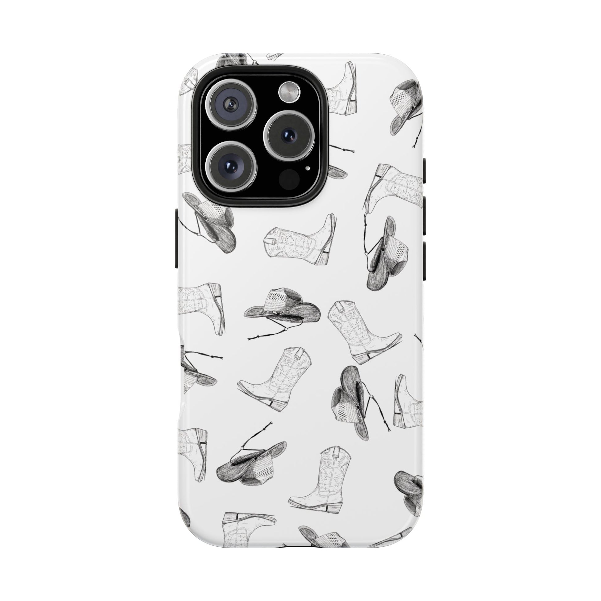 The Homestead cowgirl pattern Phone Case featuring illustrated cowgirl hat and boots by Kempain iPhone 16 Pro.