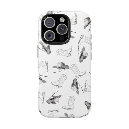 The Homestead cowgirl pattern Phone Case featuring illustrated cowgirl hat and boots by Kempain iPhone 16 Pro.