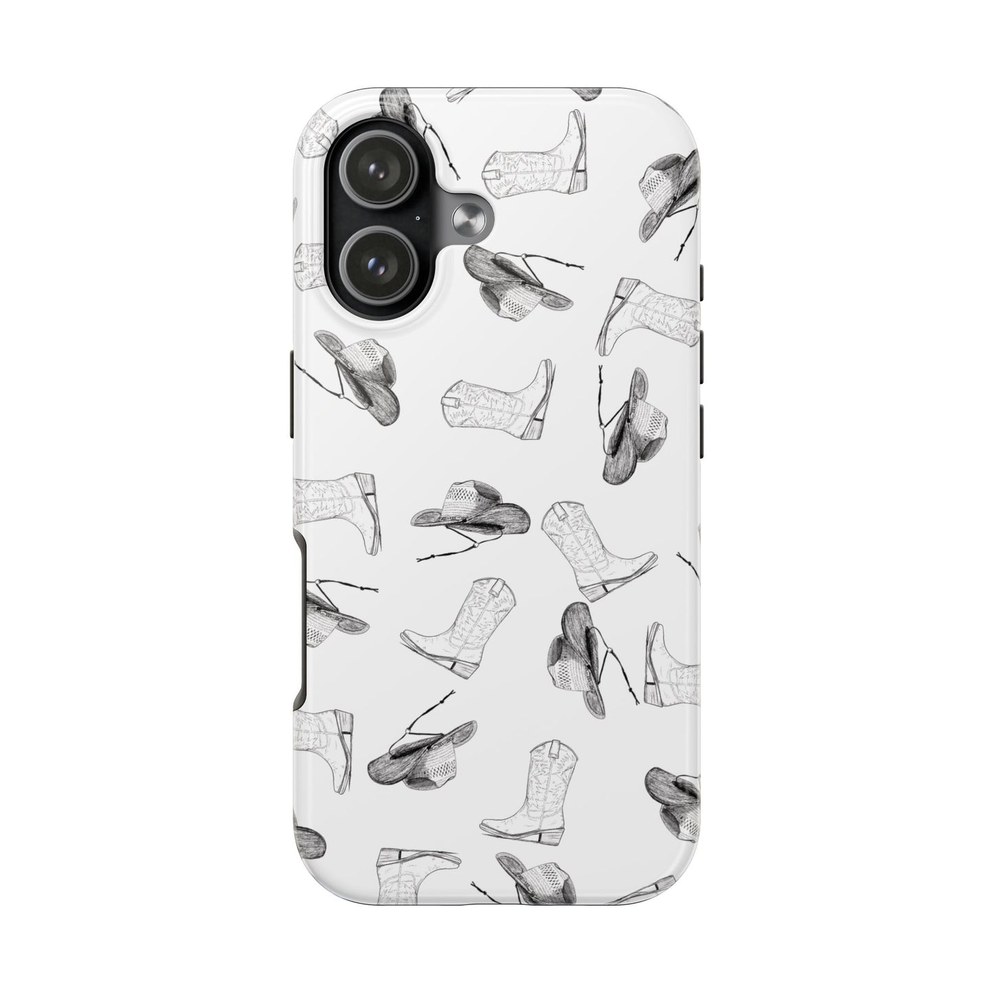 The Homestead cowgirl pattern Phone Case featuring illustrated cowgirl hat and boots by Kempain iPhone 17.