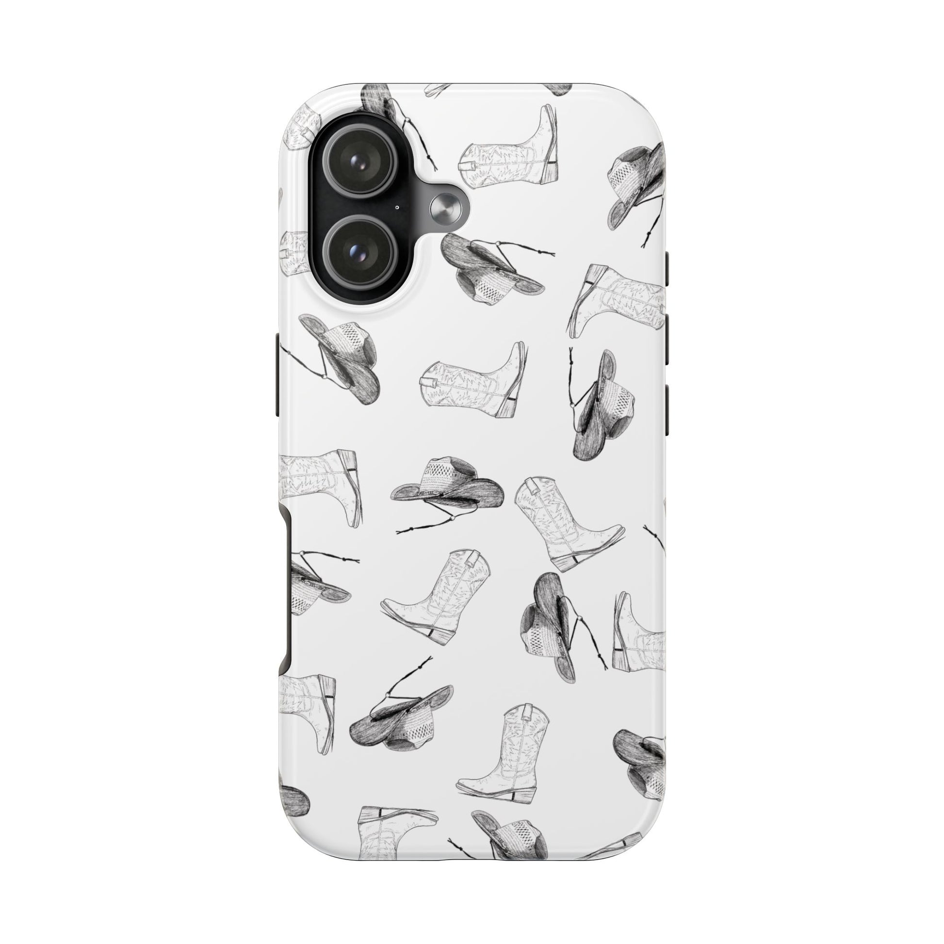 The Homestead cowgirl pattern Phone Case featuring illustrated cowgirl hat and boots by Kempain iPhone 17.