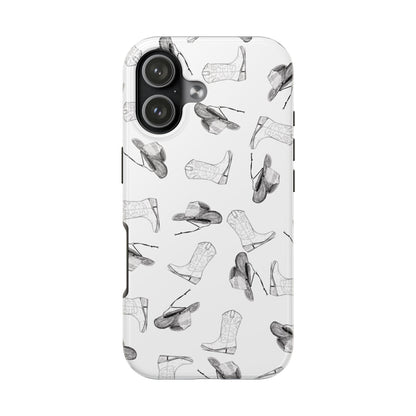 The Homestead cowgirl pattern Phone Case featuring illustrated cowgirl hat and boots by Kempain iPhone 17.