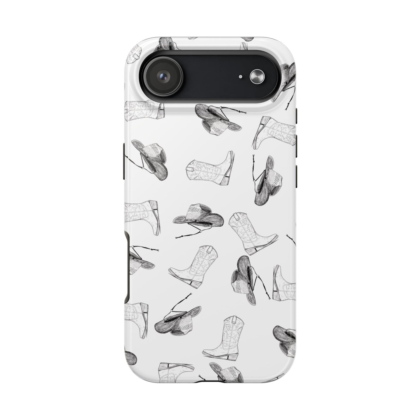 The Homestead cowgirl pattern Phone Case featuring illustrated cowgirl hat and boots by Kempain iPhone 17 Air.