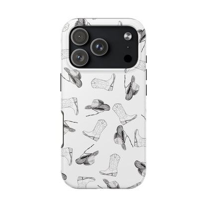 The Homestead cowgirl pattern Phone Case featuring illustrated cowgirl hat and boots by Kempain iPhone 17 Pro.