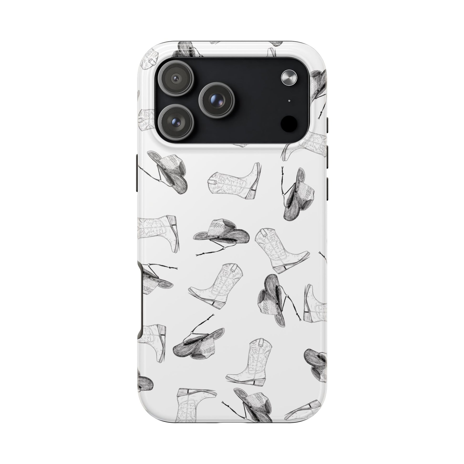 The Homestead cowgirl pattern Phone Case featuring illustrated cowgirl hat and boots by Kempain iPhone 17 Pro Max.