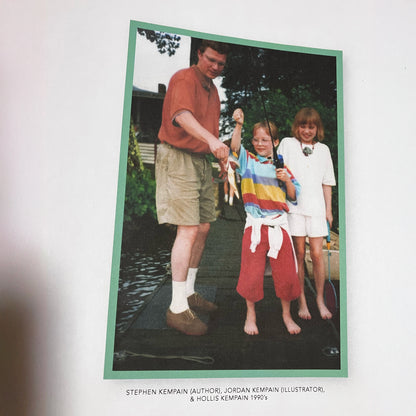 A picture of the Kempain family in the 1990s. Stephen Kempain (Author), Jordan Kempain (Illustrator), and Hollis Kempain on a fishing dock holding a bass. 