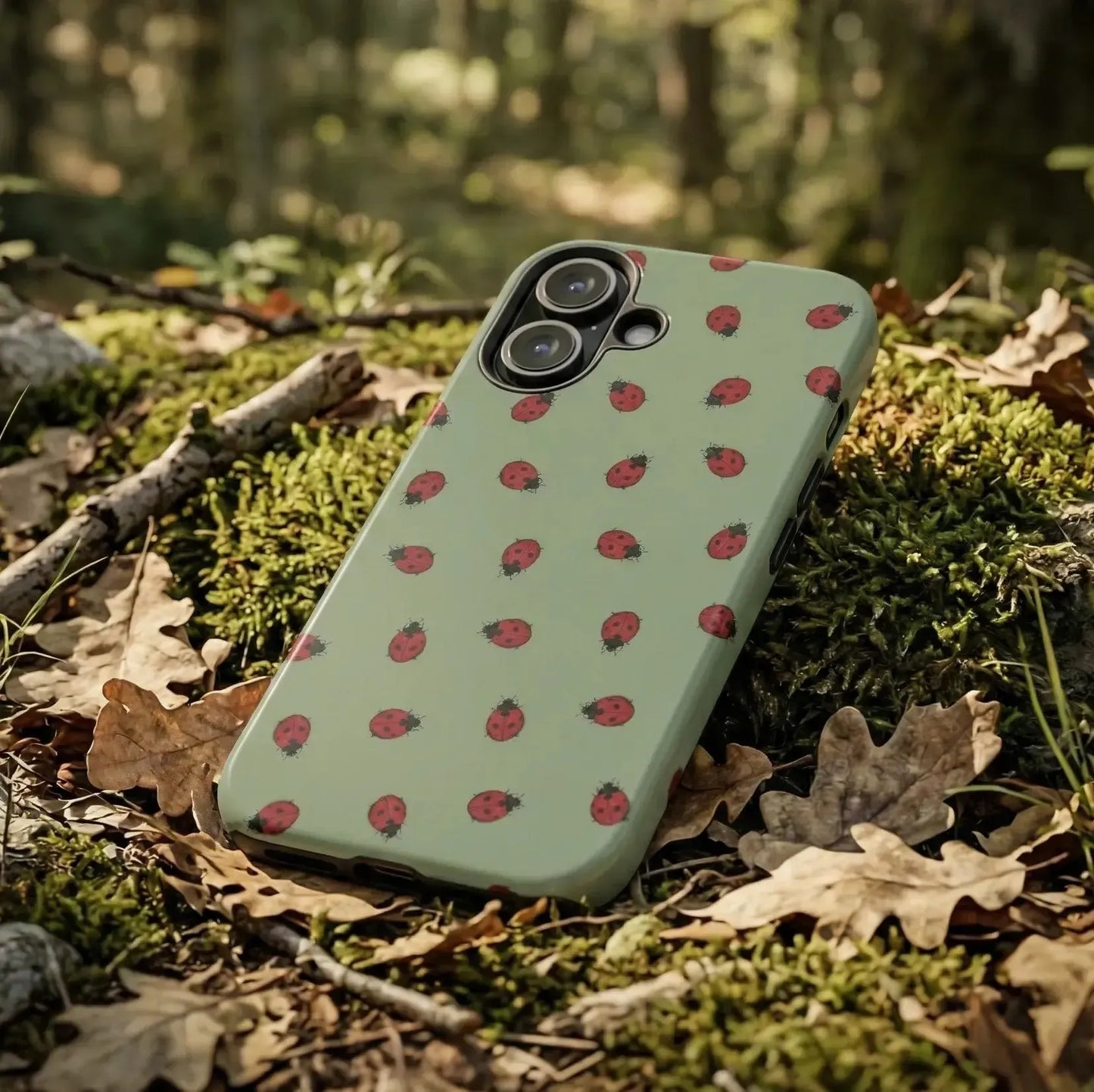 The Ladybug Pattern Phone Case for by Kempain displayed on forest floor.