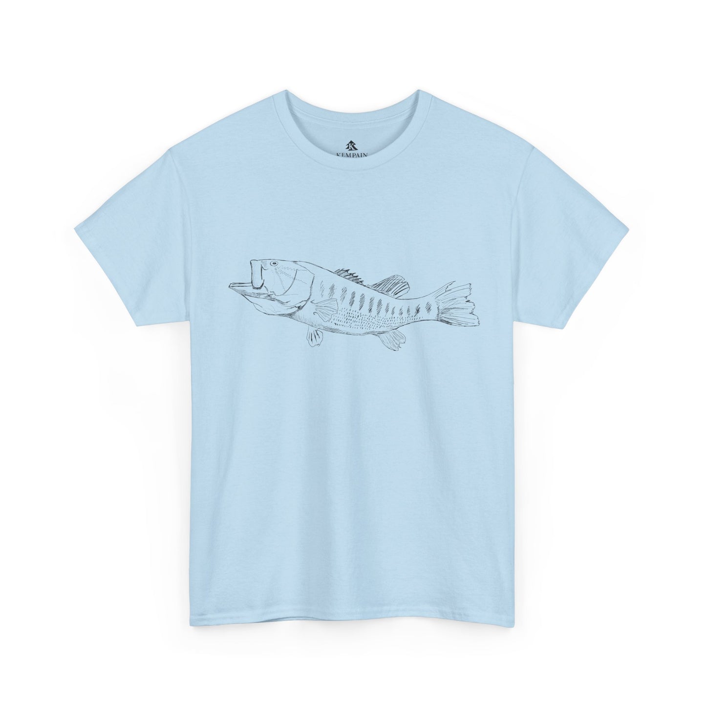 The Largemouth Bass 100 percent cotton Unisex T-Shirt by Kempain, Light Blue, available in sizes Small through 5XL.