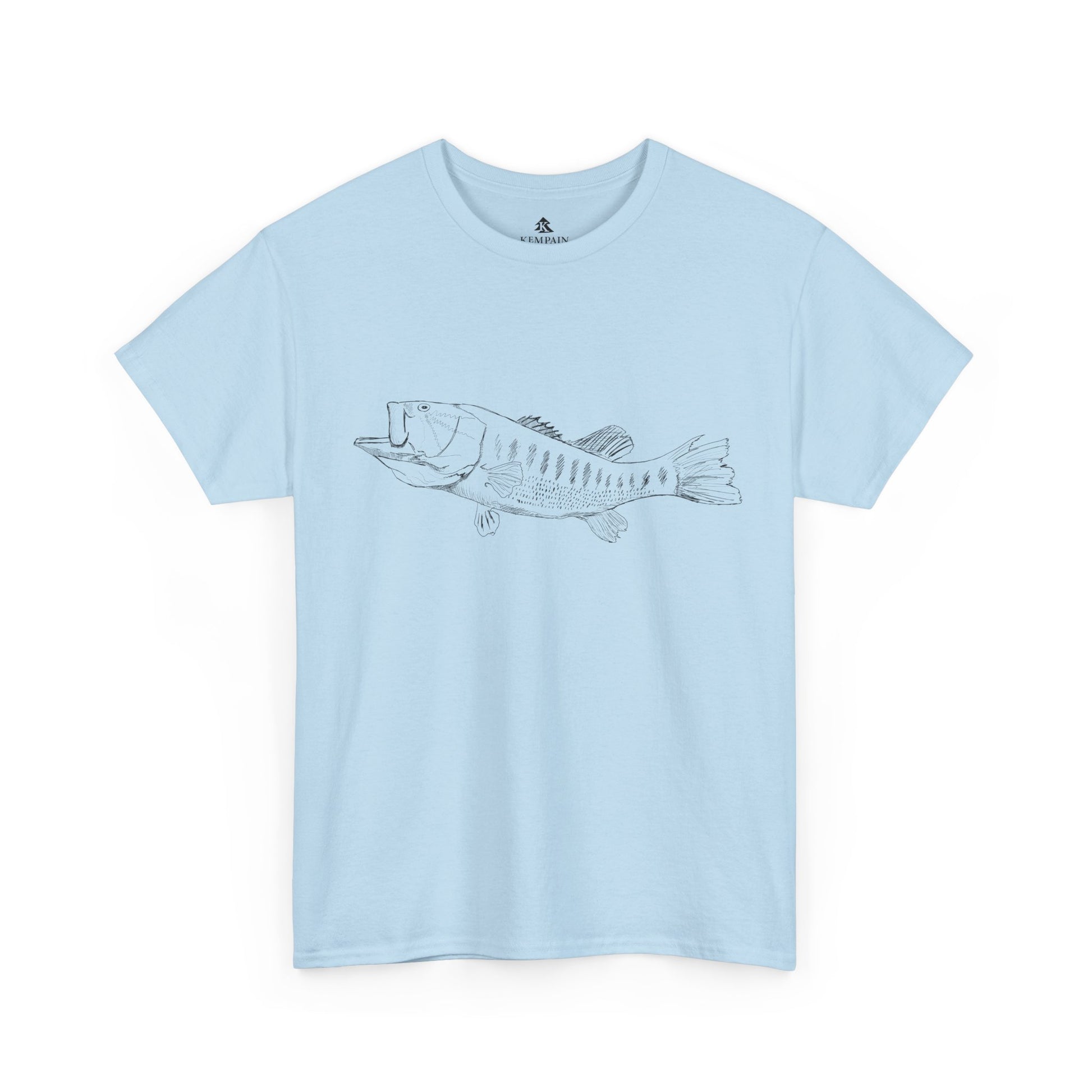 The Largemouth Bass 100 percent cotton Unisex T-Shirt by Kempain, Light Blue, available in sizes Small through 5XL.