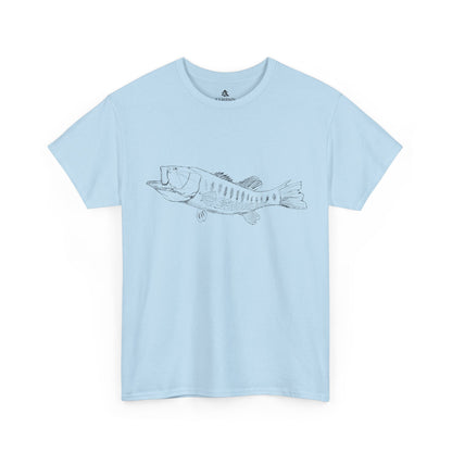 The Largemouth Bass 100 percent cotton Unisex T-Shirt by Kempain, Light Blue, available in sizes Small through 5XL.