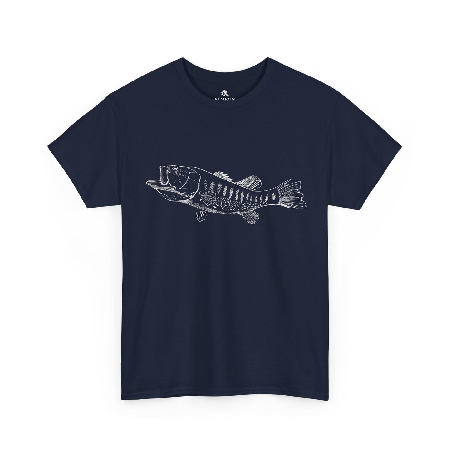 The Largemouth Bass 100 percent cotton Unisex T-Shirt by Kempain, Navy, available in sizes Small through 5XL.