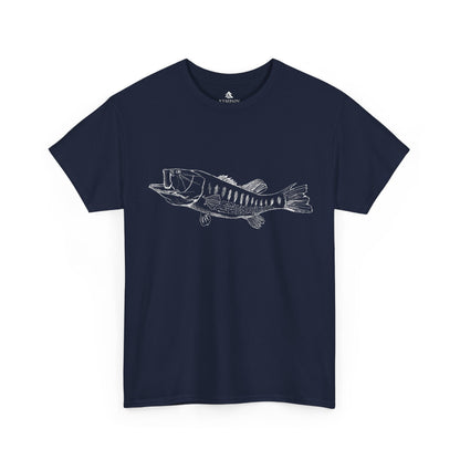 The Largemouth Bass 100 percent cotton Unisex T-Shirt by Kempain, Navy, available in sizes Small through 5XL.