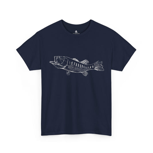 The Largemouth Bass 100 percent cotton Unisex T-Shirt by Kempain, Navy, available in sizes Small through 5XL.