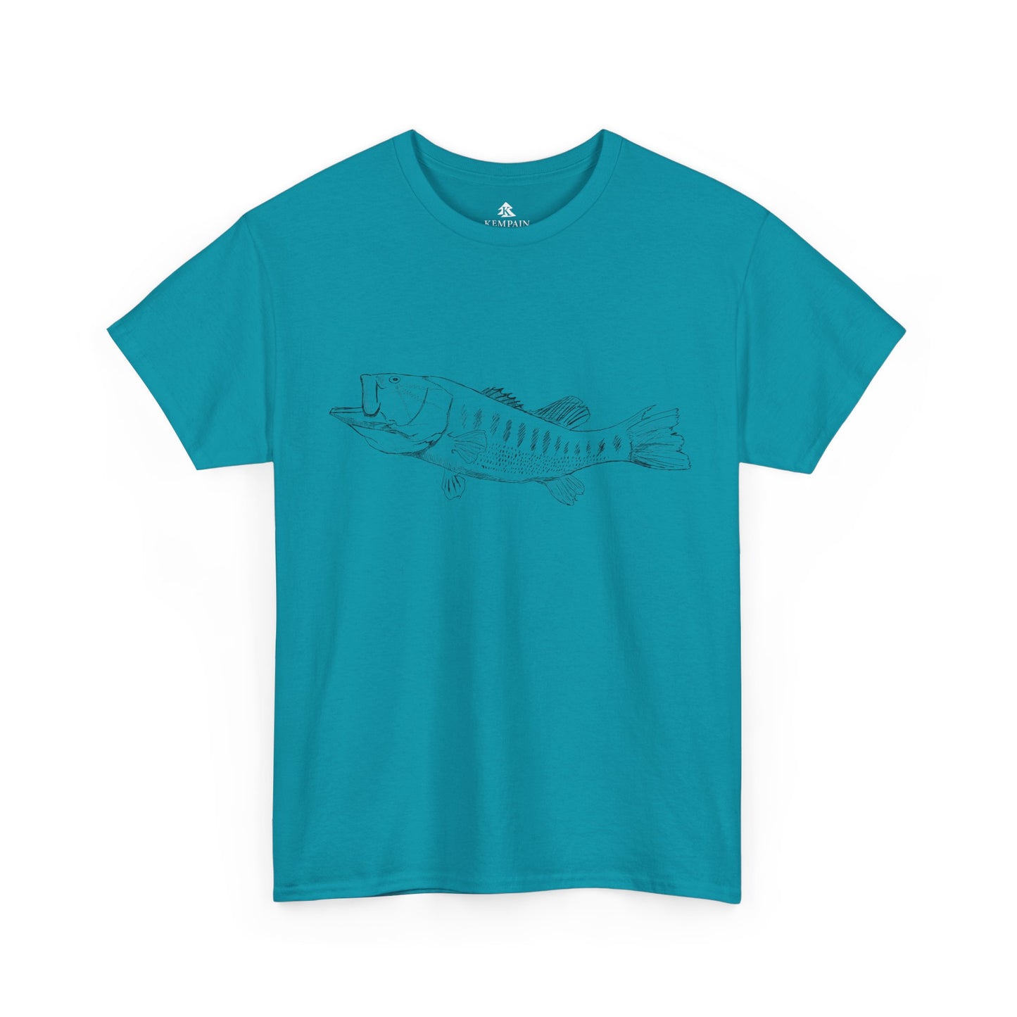 The Largemouth Bass 100 percent cotton Unisex T-Shirt by Kempain, Tropical Blue, available in sizes Small through 5XL.