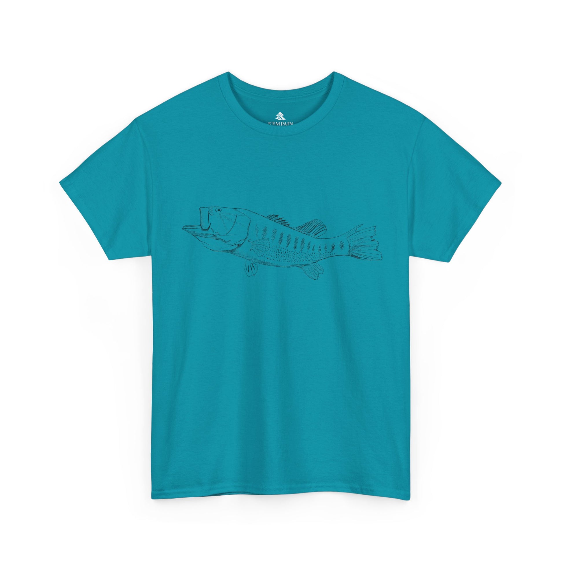 The Largemouth Bass 100 percent cotton Unisex T-Shirt by Kempain, Tropical Blue, available in sizes Small through 5XL.