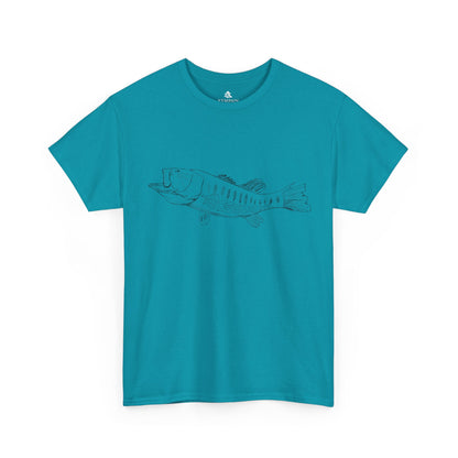 The Largemouth Bass 100 percent cotton Unisex T-Shirt by Kempain, Tropical Blue, available in sizes Small through 5XL.