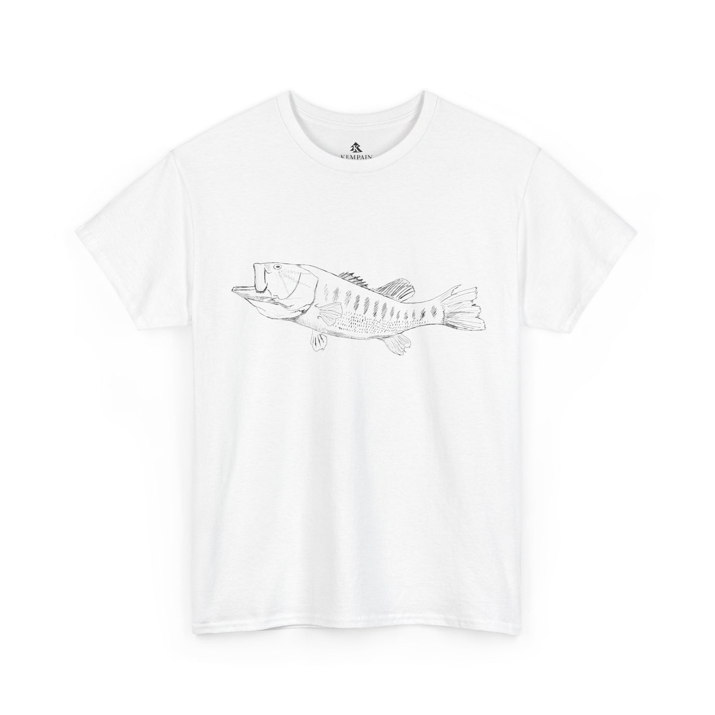 The Largemouth Bass 100 percent cotton Unisex T-Shirt by Kempain, White, available in sizes Small through 5XL.