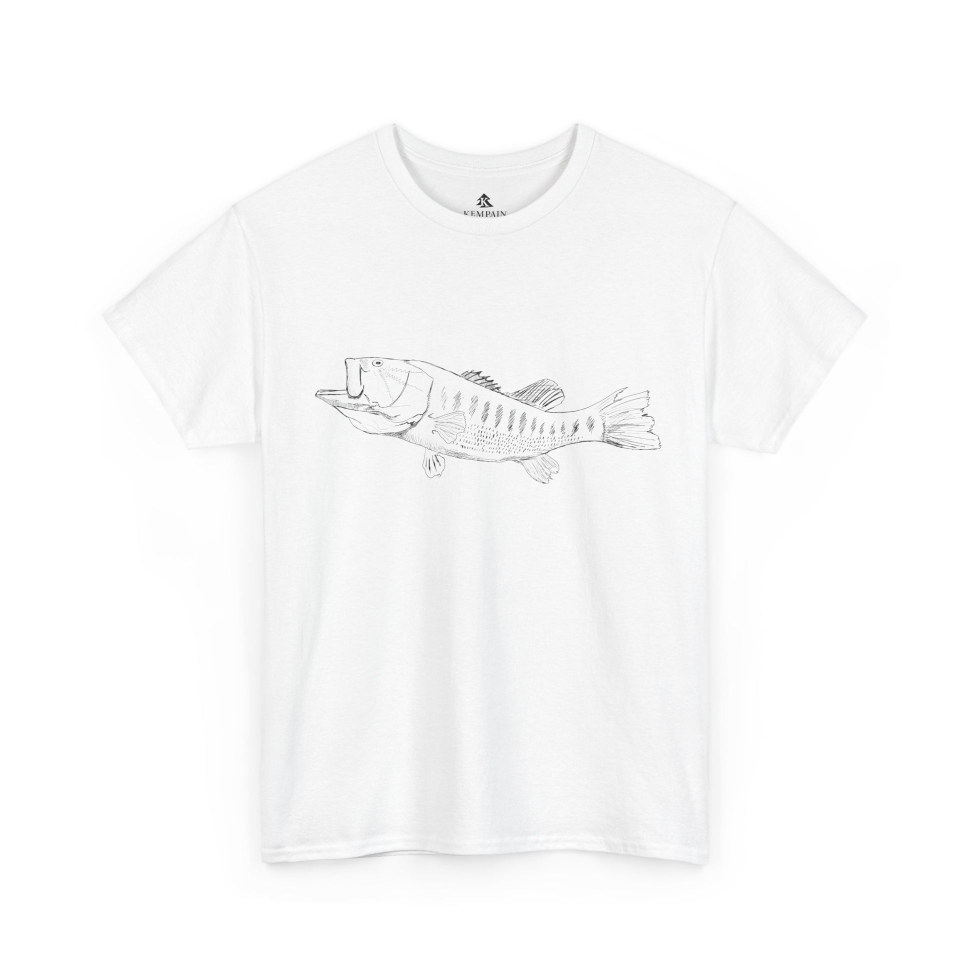 The Largemouth Bass 100 percent cotton Unisex T-Shirt by Kempain, White, available in sizes Small through 5XL.