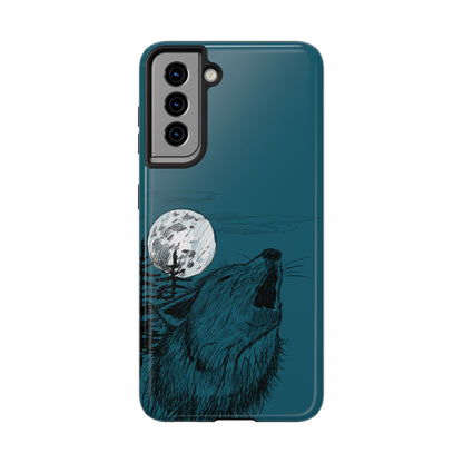 The Midnight Call Phone Case featuring illustrated wolf howling at the moon by Kempain-Samsung Galaxy S21.
