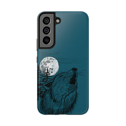 The Midnight Call Phone Case featuring illustrated wolf howling at the moon by Kempain-Samsung Galaxy S22.