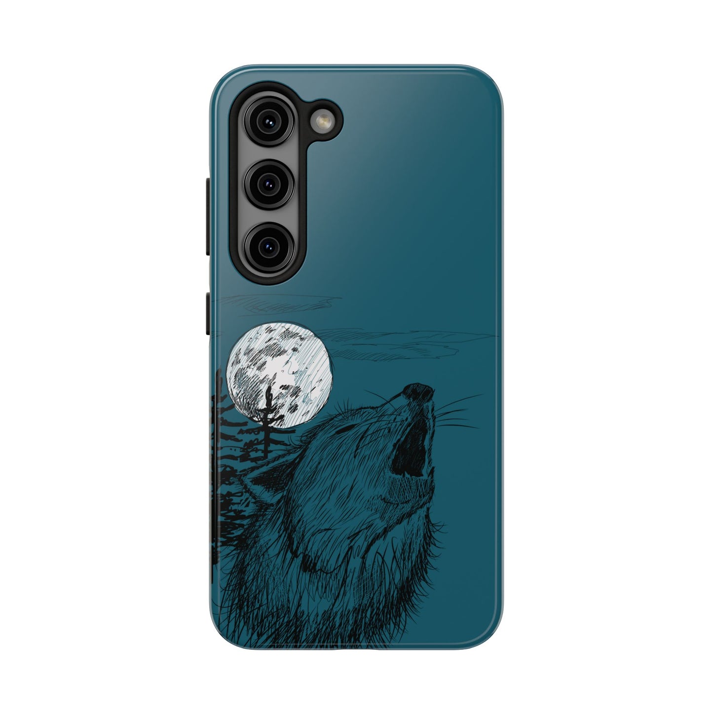 The Midnight Call Phone Case featuring illustrated wolf howling at the moon by Kempain-Samsung Galaxy S23.